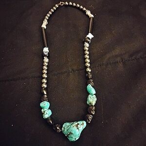 Necklace,hemitite,bone beads black,peridot blue,white imperial jade.Turqoise